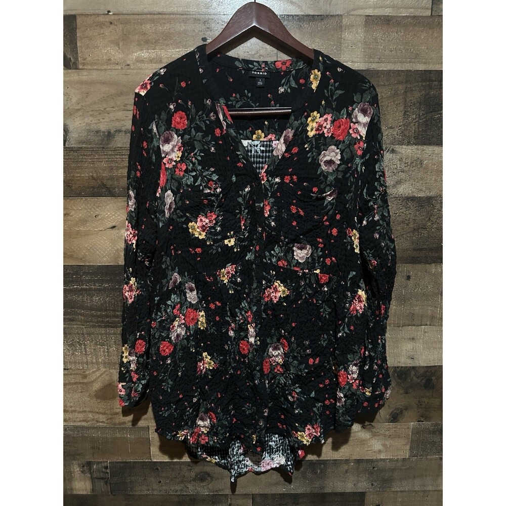 Torrid 1 1X Plus Womens Black Floral Long Sleeve Tunic Babydoll